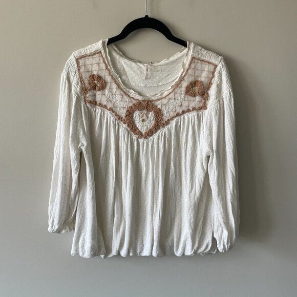 Free People Begonia Tee Embroidered Blouse Top White Brown Small - Picture 2 of 8